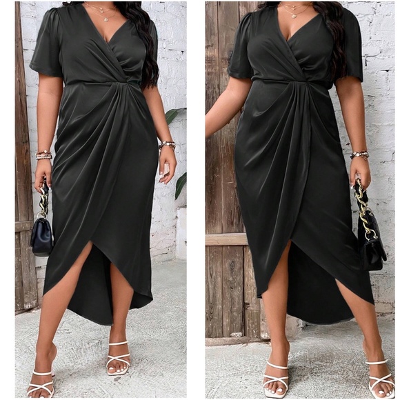 Luxe Satin Surplice Short Sleeve Evening Party Dress - Picture 4 of 9